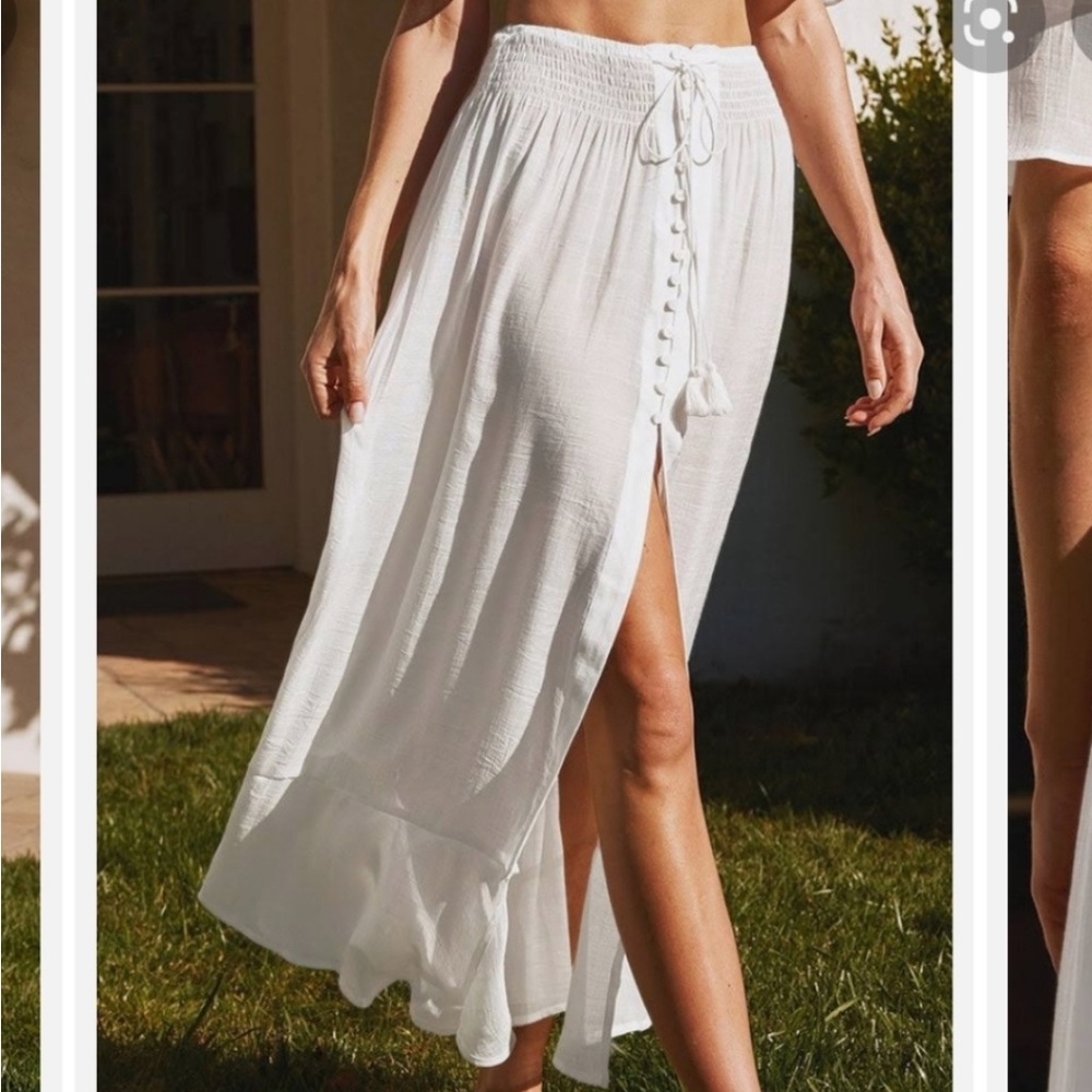 Cupshe Solana high waisted smocked boho peasant maxi skirt white slit front
